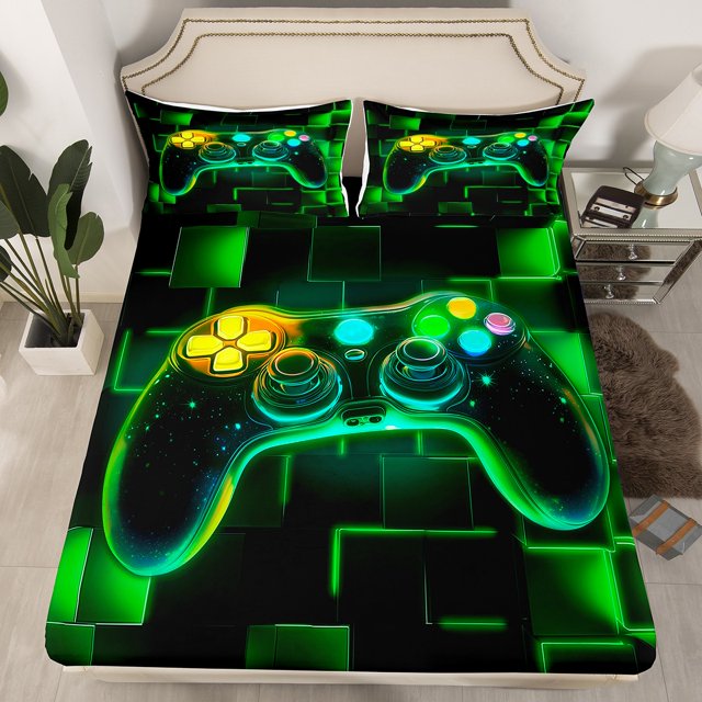 YST Kids Gamer Bed Sheets Full, Gaming Fitted Sheet, Video Games Controller Gamepad Sheets Neon Glowing Square Geometric Grid Green Bed Set