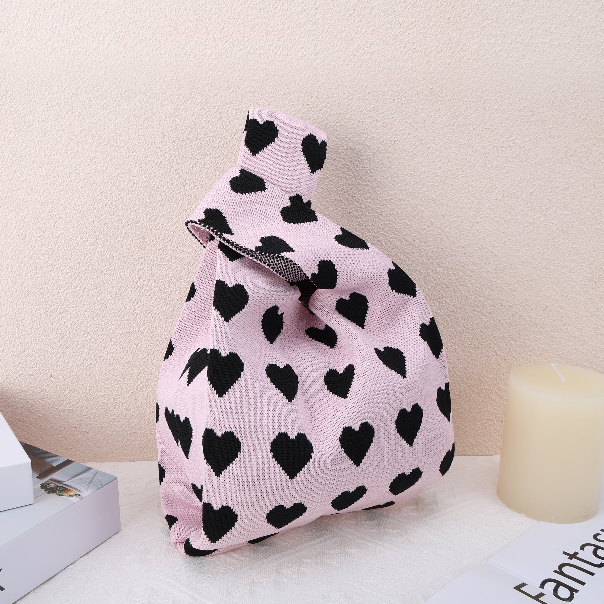 Unique Bargains Hearts Knitted Wrist Bag Black Pink 1 Pc