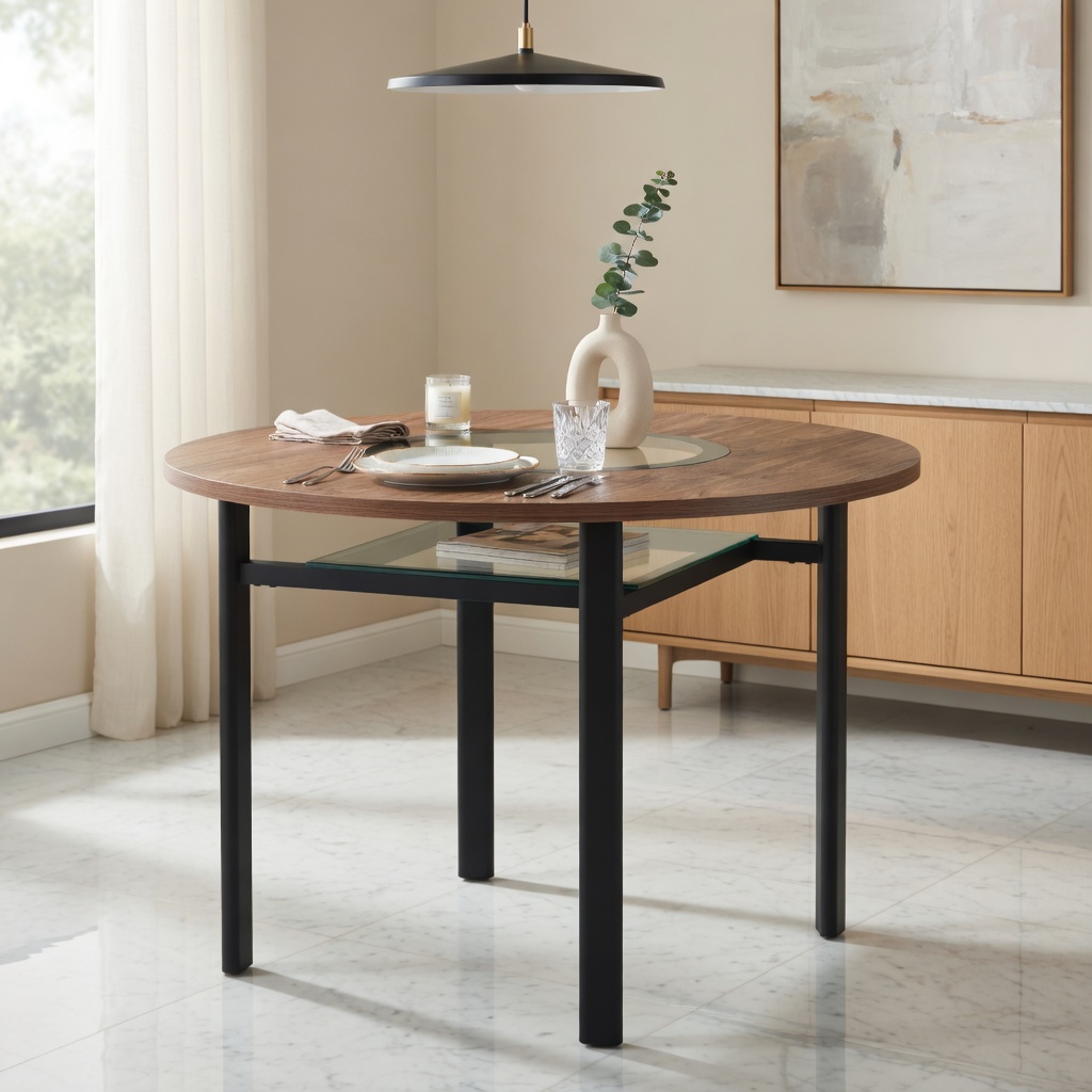 Hommoo 42 Inch Round Dining Table, Modern Minimalist Brown Wood Grain Top with Teal-Tinted Glass Inlay, Black Metal Base & Lower Glass Shelf for 4-6 People, Walnut & Black