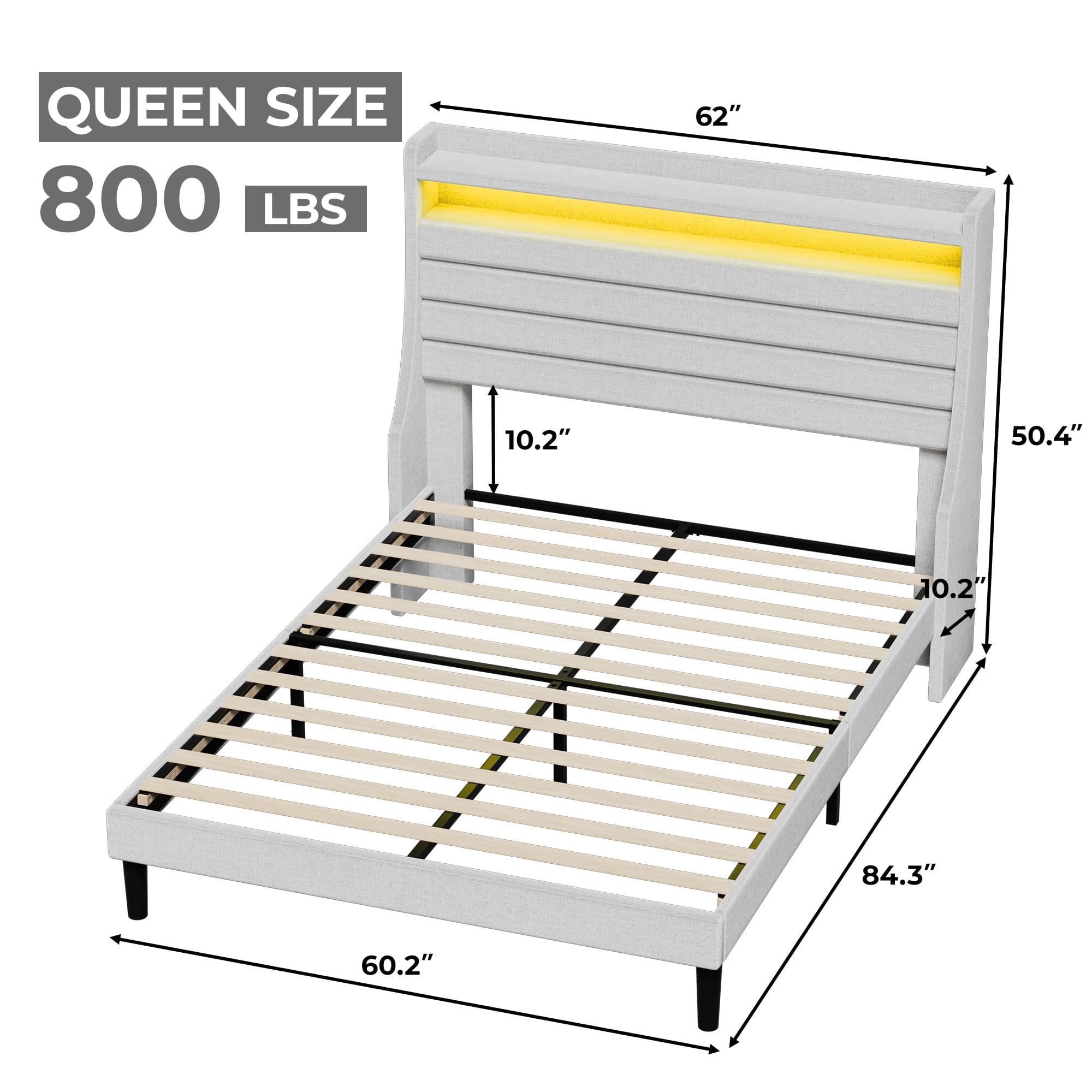 Towallmark Queen Size Bed Frame with LED Light & Power Outlet Upholstered Headboard,Bed Platform with Charging Station and 2-Tier Storage,Easy Assembly Wooden Slat Support,Beige