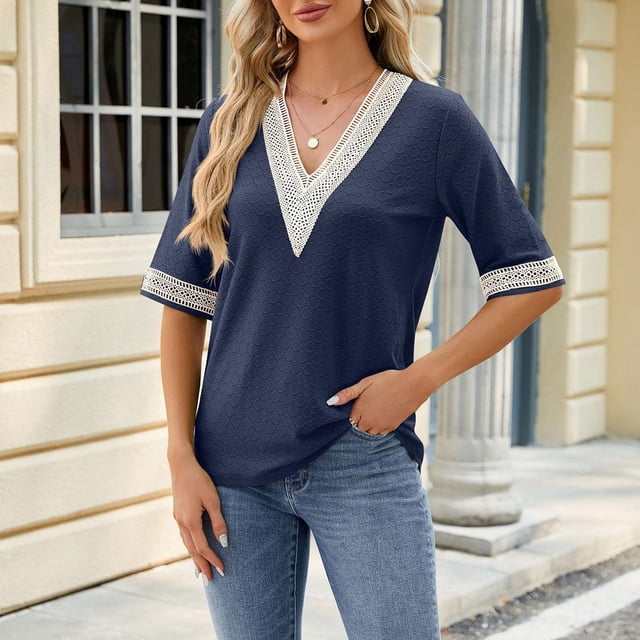 Blouses pour Femmes Mode Décontractée Couleur Unie Manches Courtes Col en V Blouses Chemises