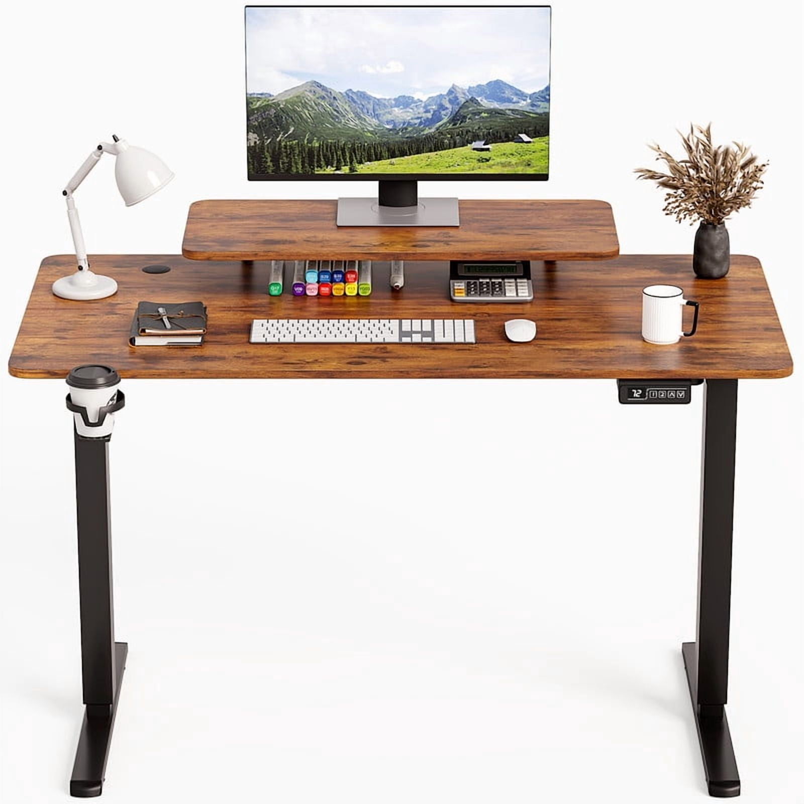 Homall 47" Wide Electric Height Adjustable Standing Desk with Monitor Stand Lifting Range 28~46" Stand Up Office Desk for Home Office,Brown
