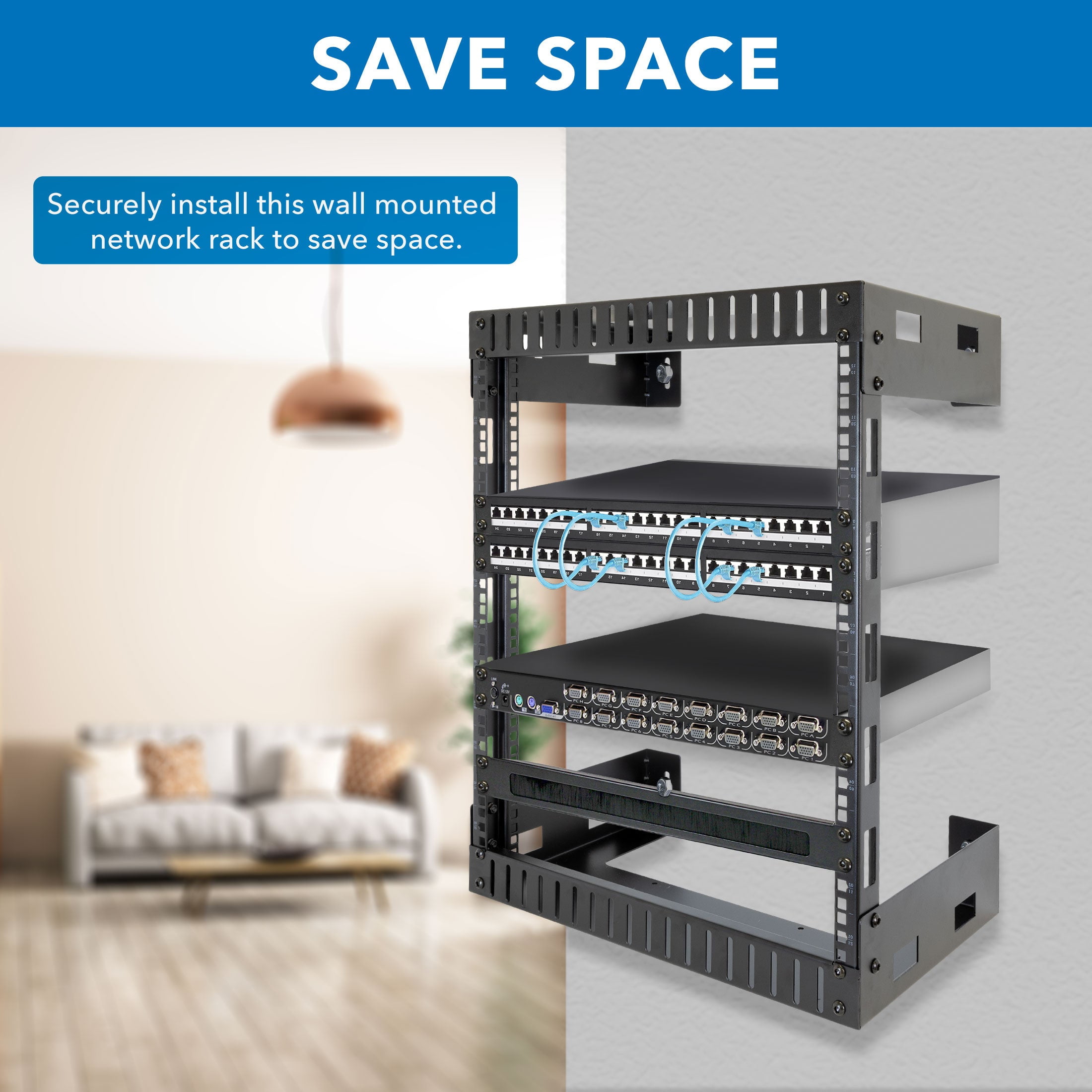 Mount-It! 12U Black Steel Open Frame Wall Rack for Servers and AV Equipment