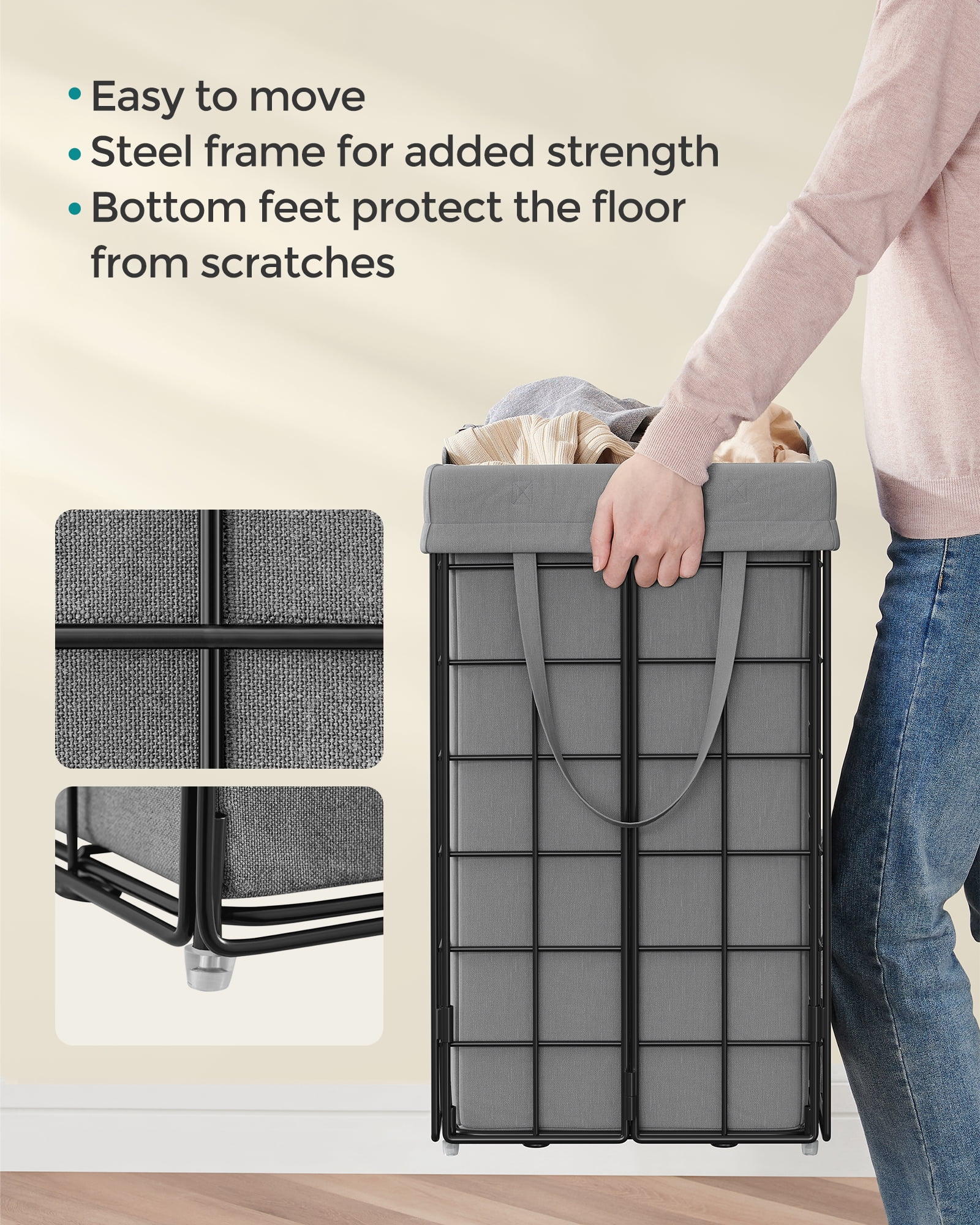 SONGMICS 29 Gal. (110L) Laundry Basket, Laundry Hamper, Collapsible Clothes Hamper, Removable and Washable Liner, Metal Wire Frame, for Bedroom Bathroom, Black and Gray
