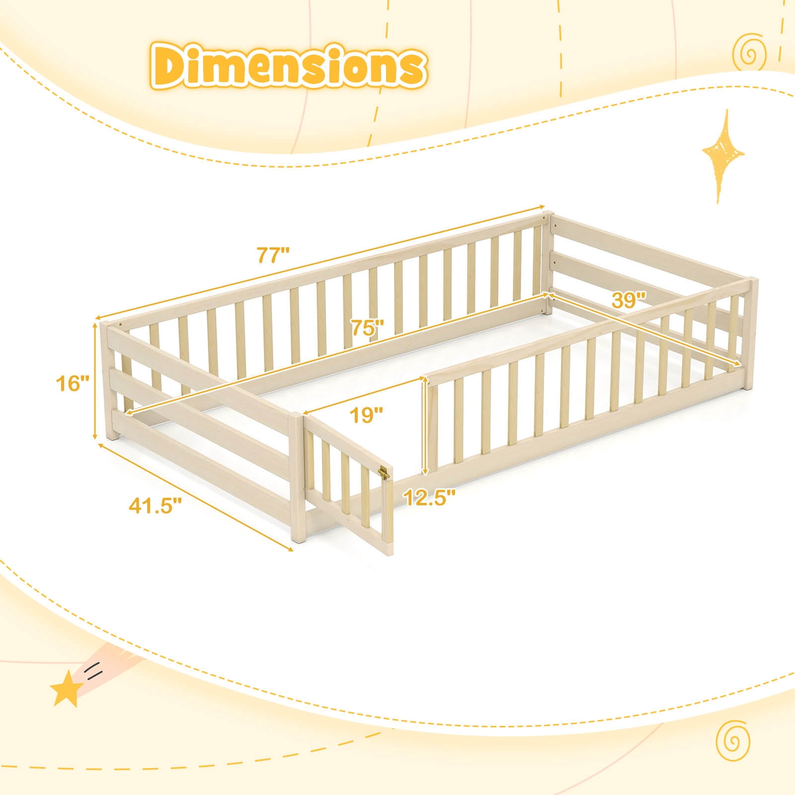 Costway Twin Size Floor Bed with Door & Fence with Safety Guardrails & Slats Support Beige