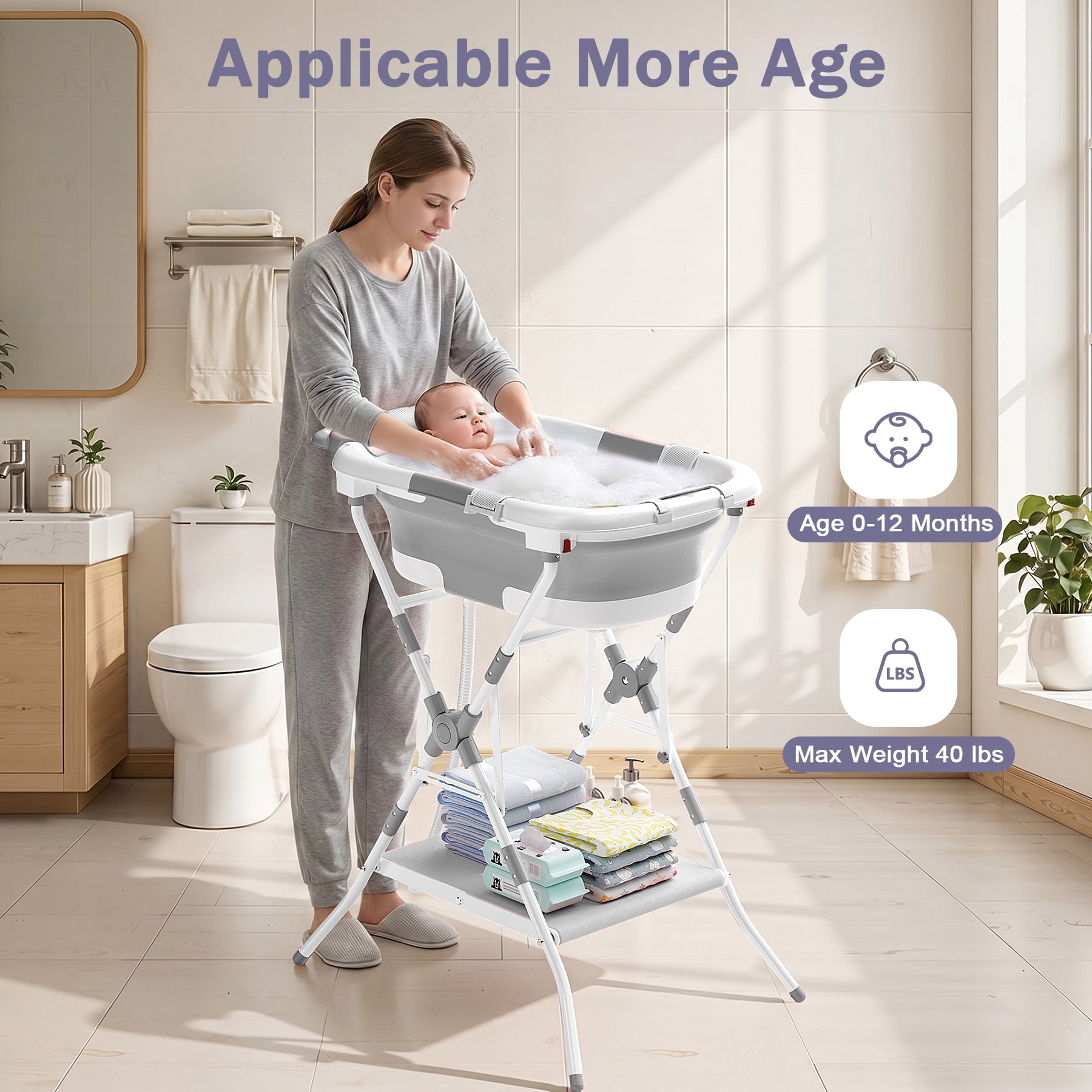 COOSEYA 2-in-1 Baby Bathtub with Stand for Newborn and Infants, Foldable Baby Bath Tub, Baby Shower Gifts for New Parents, Gray