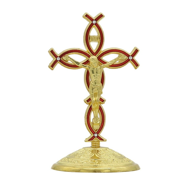 Figura de cruz de pie, crucifijo de Jesús, estatua para repisas de sala de estar, interior Oro Rojo