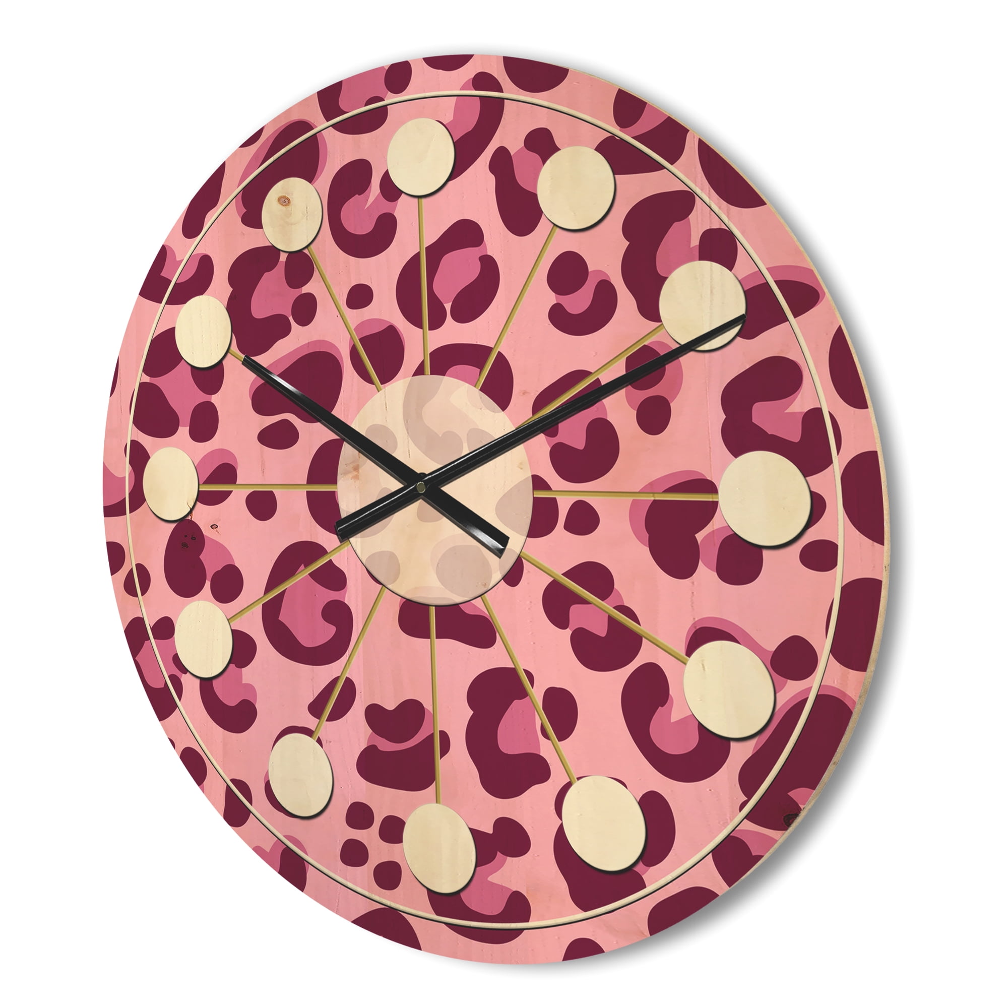 Designart 'Pink Leopard Pattern Retro' Mid-Century Modern Wood Wall Clock