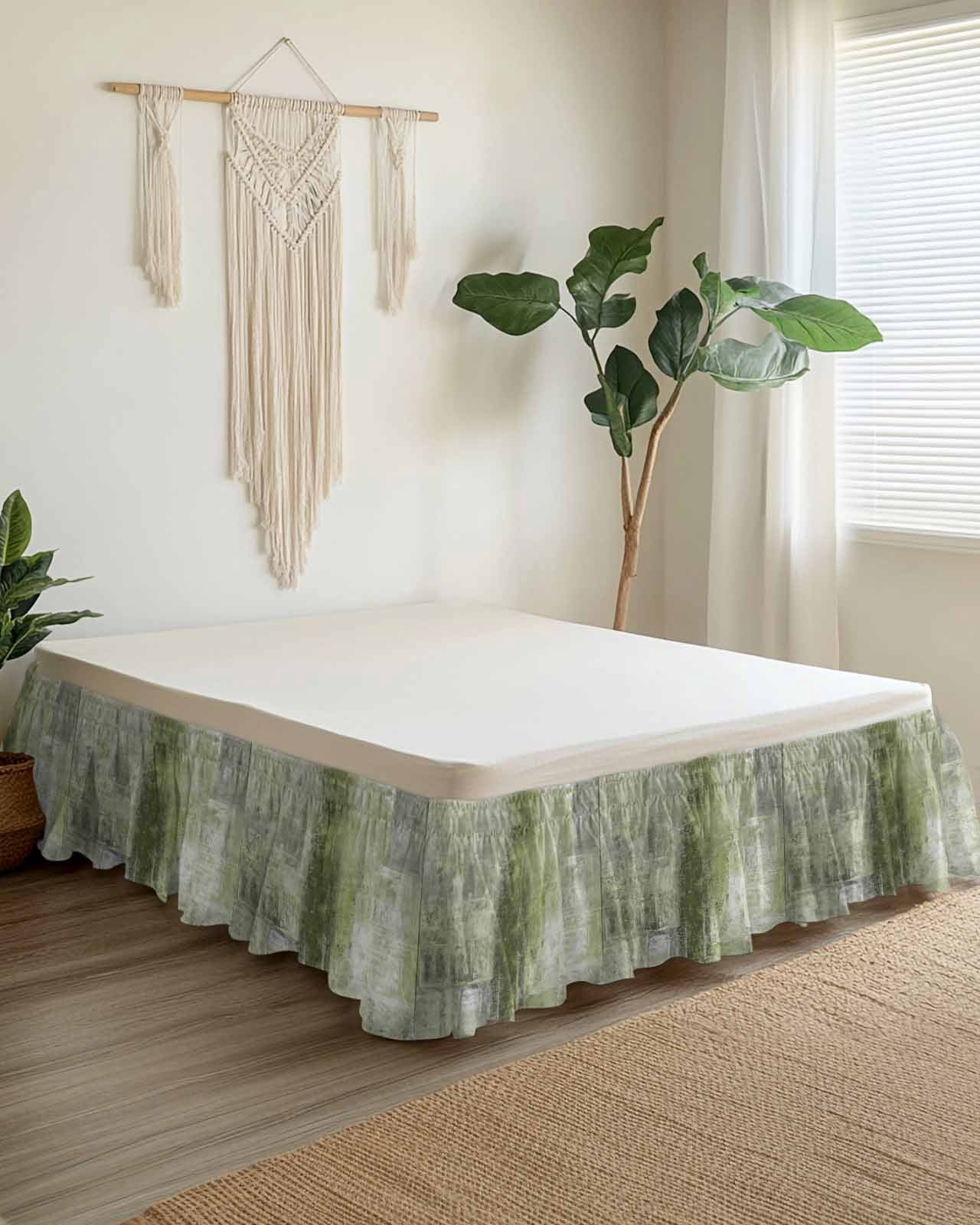 Sage Green Wrap Around Bed Skirts for King Bed 16" Drop,Bed Skirt with Adjustable Elastic Belt Dust Ruffle Bed Valance for Bedroom Retro Oil Painting Modern Abstract Art Aesthetics Bed Frame Cover