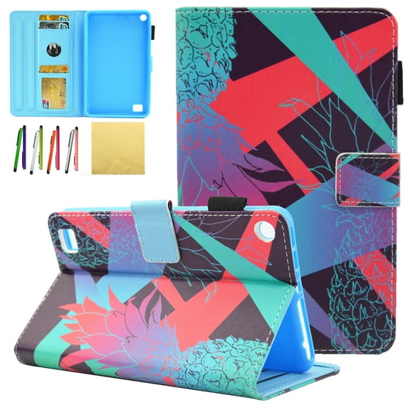 Kindle Fire 7 2017 (7th Generation)/ Fire 7 2015 (5th Generation) Kids Case, Allytech PU Leather Stand Wallet Cases and Covers for All New Amazon Fire 7 Tablet with Stylus Holder, Colorful Pineapple