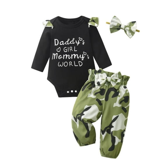 Infant Baby Girl Clothes Letter Long Sleeve Ruffle Romper Camouflage Pants Set 3Pcs Green 0-3 Months
