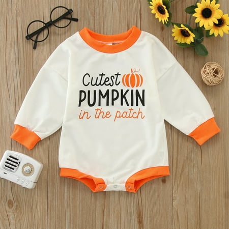 

FZM Christmas Toddler Kids Baby Boys Girls Letter Patchwork Cute Cartoon Pumpkin Long Sleeve Sweatshirt Bodysuit Romper Clothes Outfits