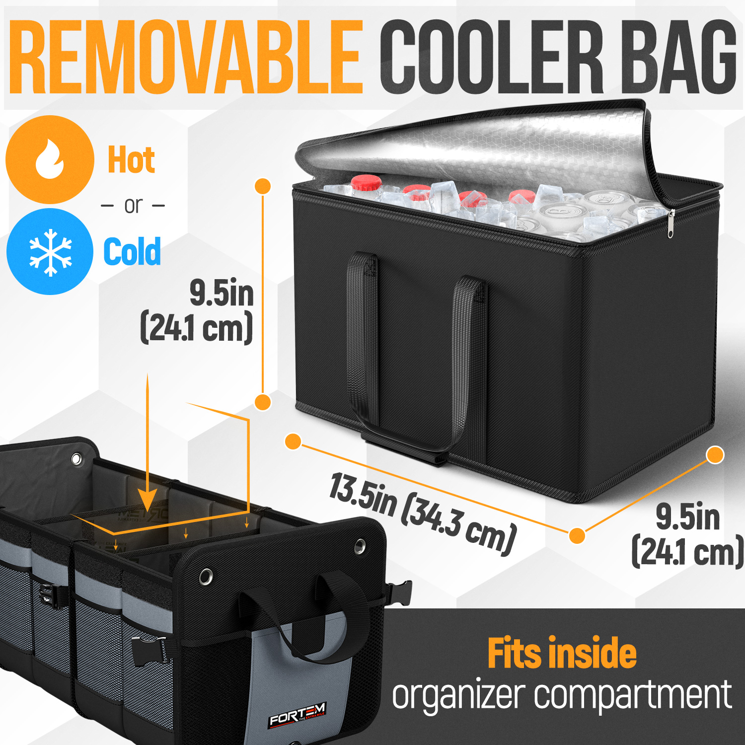 FORTEM SUV Trunk Organizer with Cooler, Car Organizer, Collapsible Multi-Compartment Storage Bag for Car Accessories for Women Men, 1680D Oxford, Non Slip Bottom, Adjustable Straps Soft Cover (110L)