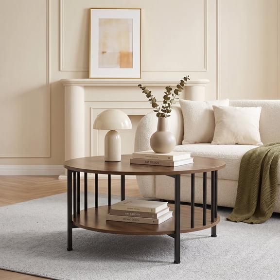 2-Tier Round Coffee Table with Storage Shelf ,Modern Center Table Cocktail Tea Table for Living Room,Walnut