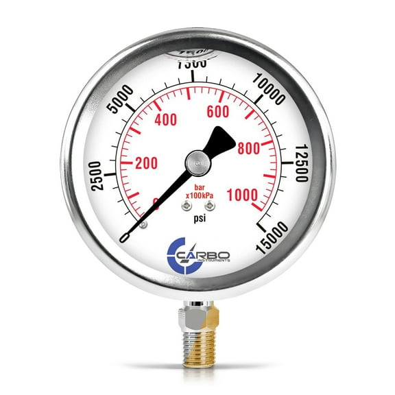 CARBO Instruments 4" Pressure Gauge, Stainless Steel Case, Chrome Plated Brass Connection, Liquid Filled, 15000 psi Lower Mount 1/4" NPT