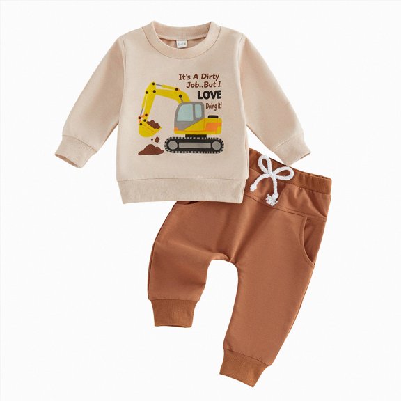 HFHAPW Toddler Baby Boy Fall Outfits 6 9 12 18 24 Months 3T 4T 5T 6T 7T 8T 9T Boys Winter Clothes Truck Long Sleeve Sweatshirt Pants Set(Beige,2-3 Y)
