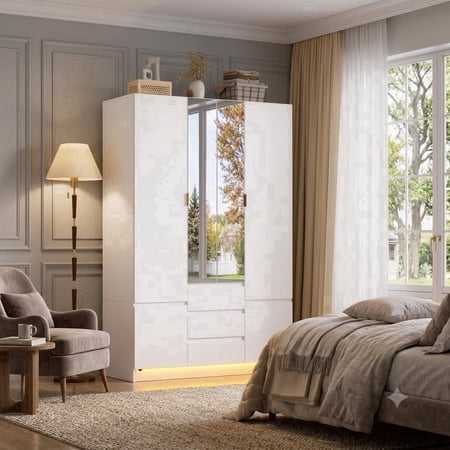 PakaLife 71" Modern Bedroom Armoire Wardrobe Closet, with 4 Doors, 2 Mirrors, LED Light, 3 Drawers, Hanging Rod, White