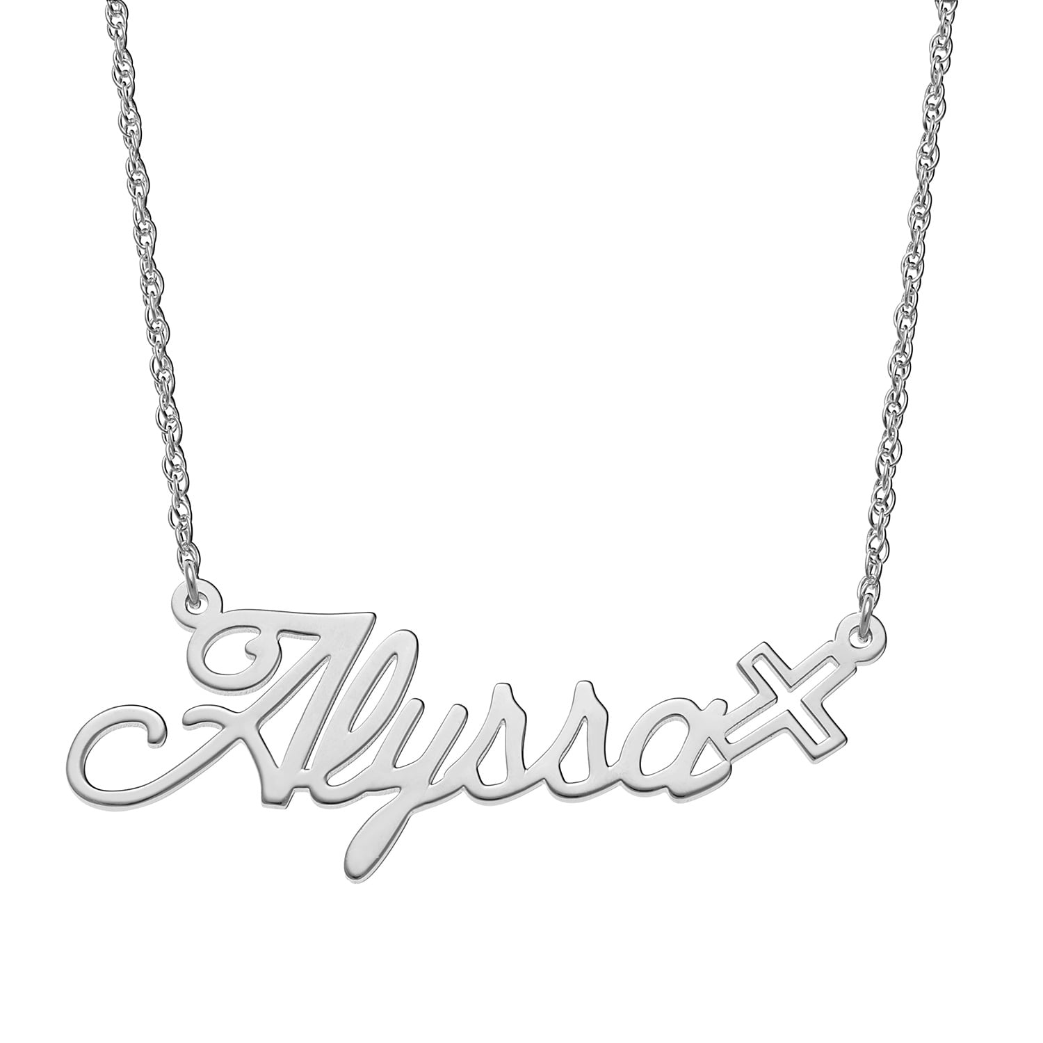Personalized Planet Women's Sterling Silver or Gold over Silver Script Nameplate with Cross Necklace