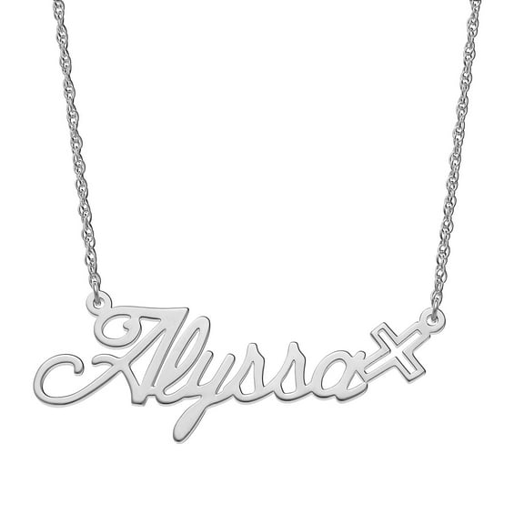 Personalized Planet Women's Sterling Silver or Gold over Silver Script Nameplate with Cross Necklace