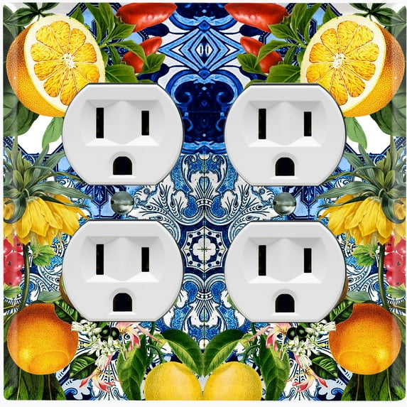 Metal Light Switch Plate Cover Elegant Floral Fruit Blue Tile Pattern TIL018
