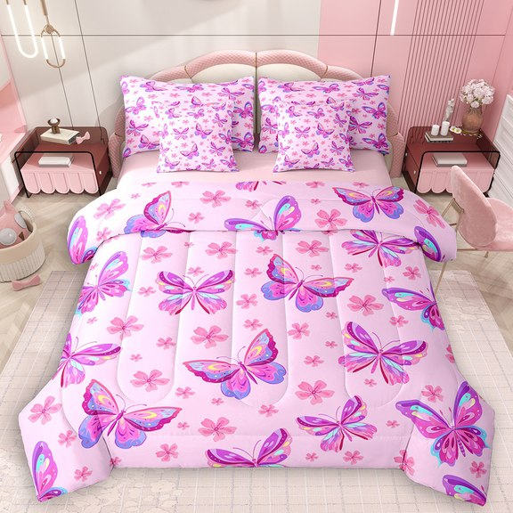 Manfei Girls Butterfly Twin Bedding Sets 7pcs, Kawaii Cherry Blossoms Bedding Comforter Set, Girly Pink Sheet Sets, Microfiber Bedroom Decor