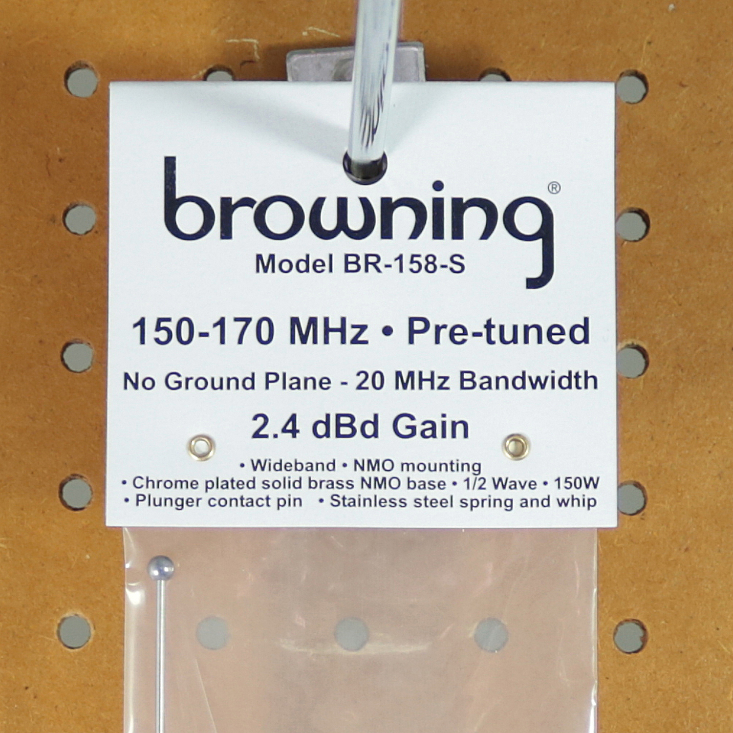 Browning 200-Watt Pretuned Wide-Band 144 MHz to 174 MHz 2.4-dBd-Gain VHF Silver Antenna with Spring and NMO Mounting, BR-158-S