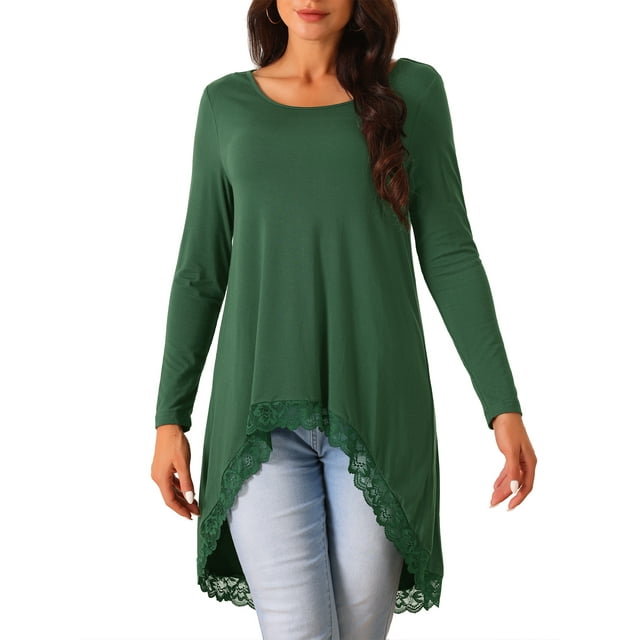 Blusa fluida de manga larga con encaje, corte irregular, color verde profundo, talla M