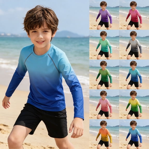 Boy Girls Rash Gurad Long Sleeve, Gradient Kids UV Sun Protection UPF 50 Shirt Water Shirts for Beach Athletic T-Shirt