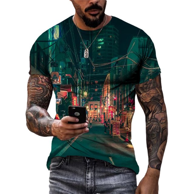 T-shirts d'Été Mode Décontractée Scène de Rue Imprimée pour Hommes Tendance Hip Hop harajuku Col Rond Manches Courtes