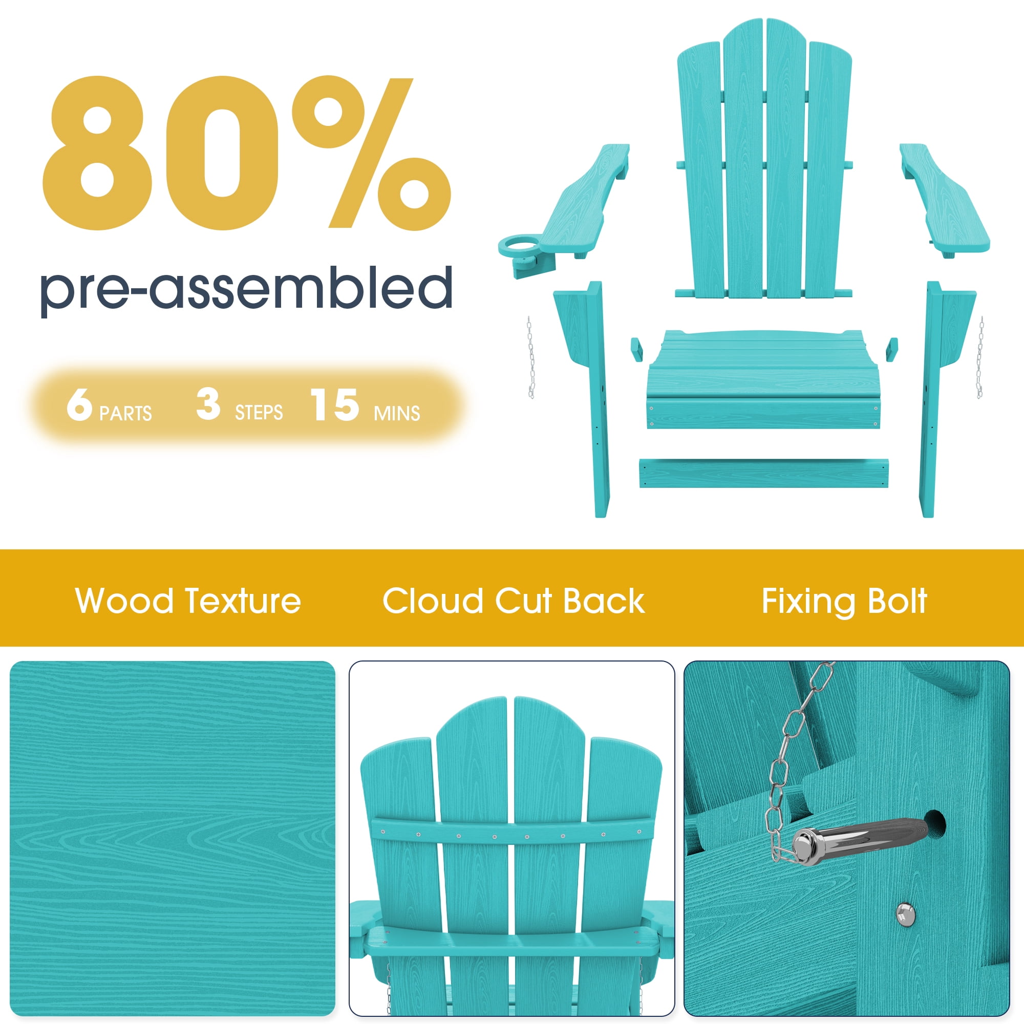 KINGYES Folding Adirondack Chair Set of 4 with Cup Holder, HDPE Outdoor Adirondack Fir Pit Chairs for Patio Garden Backyard Deck, Aruba Blue