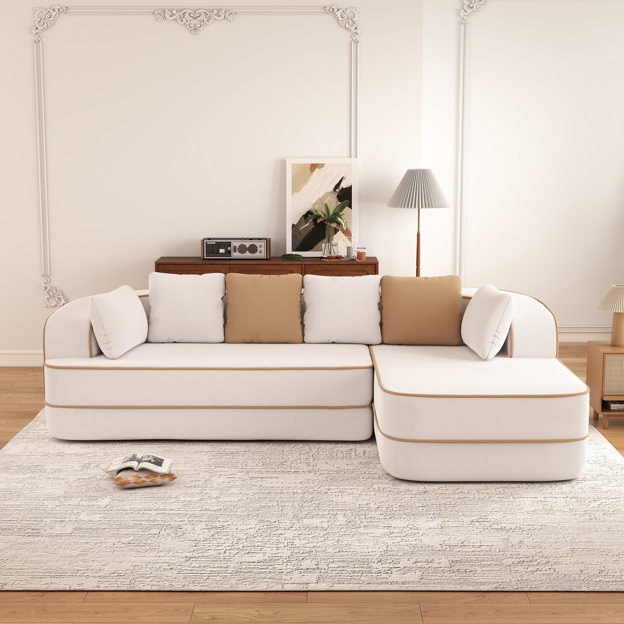 Aukfa 106" 2-Piece Modular Sectional Sofa for Living Room, Right Chaise, Plush Teddy Velvet, White