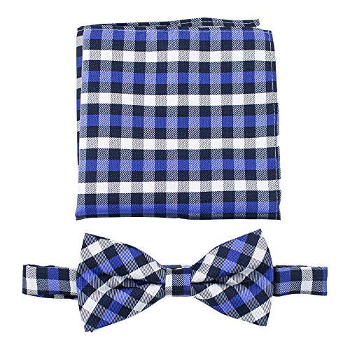 New Men's micro fiber Pre-tied Bow tie & hankie light blue checkers formal