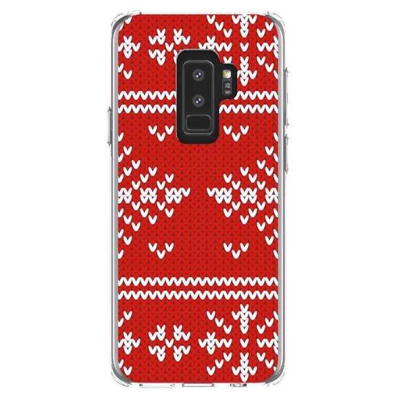 DistinctInk Clear Shockproof Hybrid Case for Samsung Galaxy S9  PLUS (6.2" Screen) - TPU Bumper, Acrylic Back, Tempered Glass Screen Protector - Red White Ugly Christmas Sweater - Christmas All Year