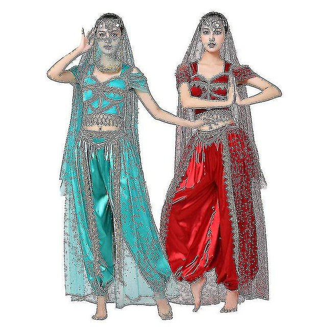 Conjunto de trajes de danza del vientre de danza india exótica para mujeres 4 piezas Noble princesa Jasmine Cosplay puesta en escena Ropa de baile-c