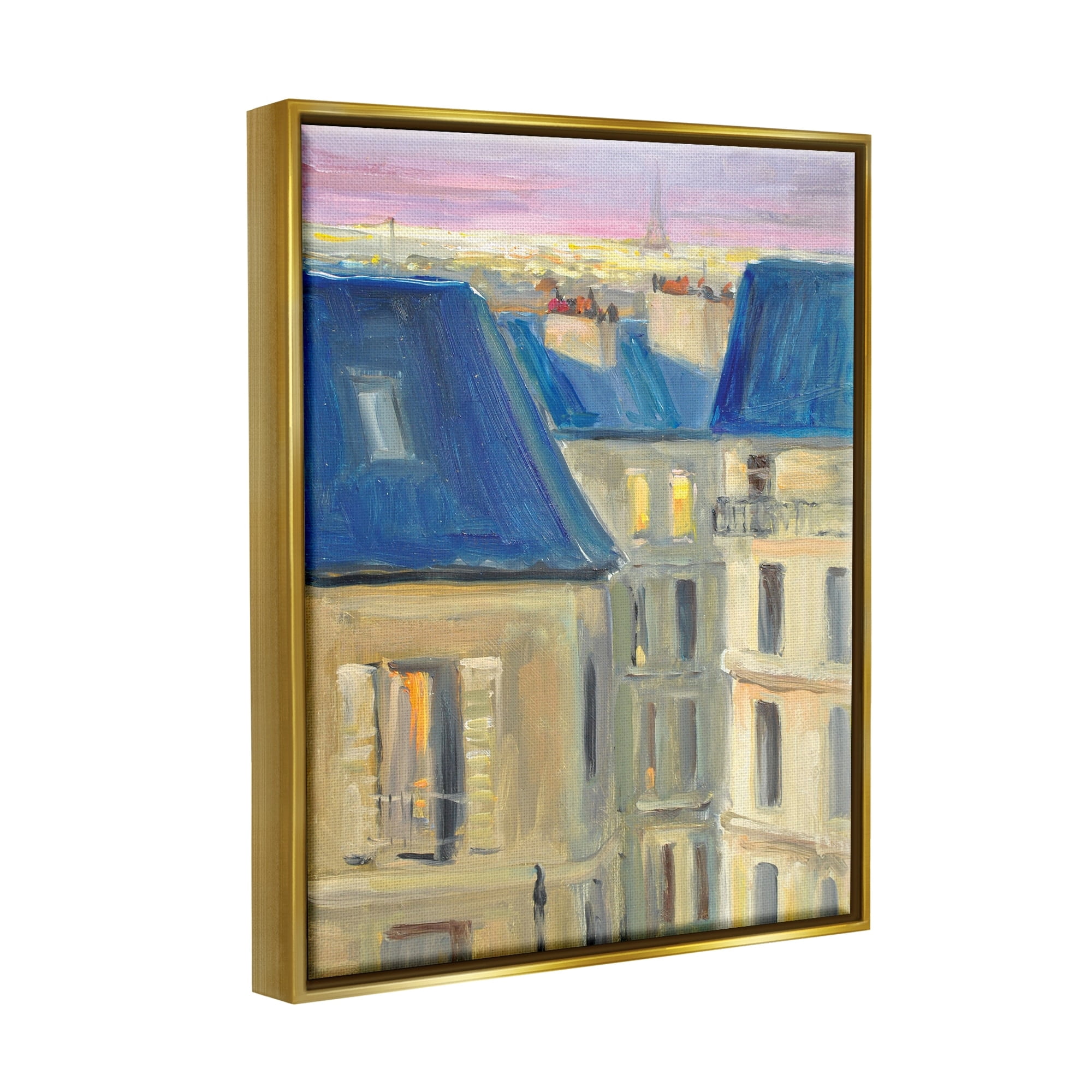 Stupell Industries Cozy Urban City Neighborhood Pink Sunset Sky Painting Metallic Gold Floating Framed Canvas Print Wall Art, Design by JG Studios