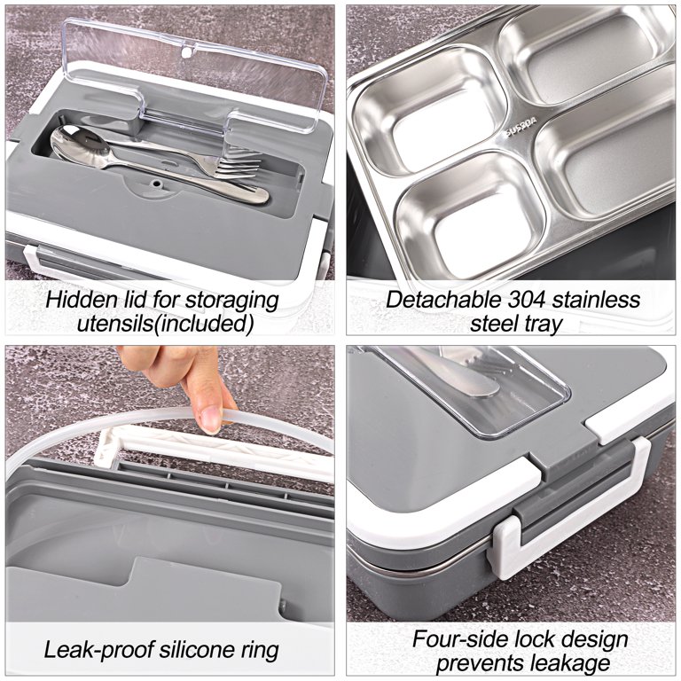 Uxcell Bento Box Stainless Steel Removable Tray with Utensils Lunch Box  Pink 