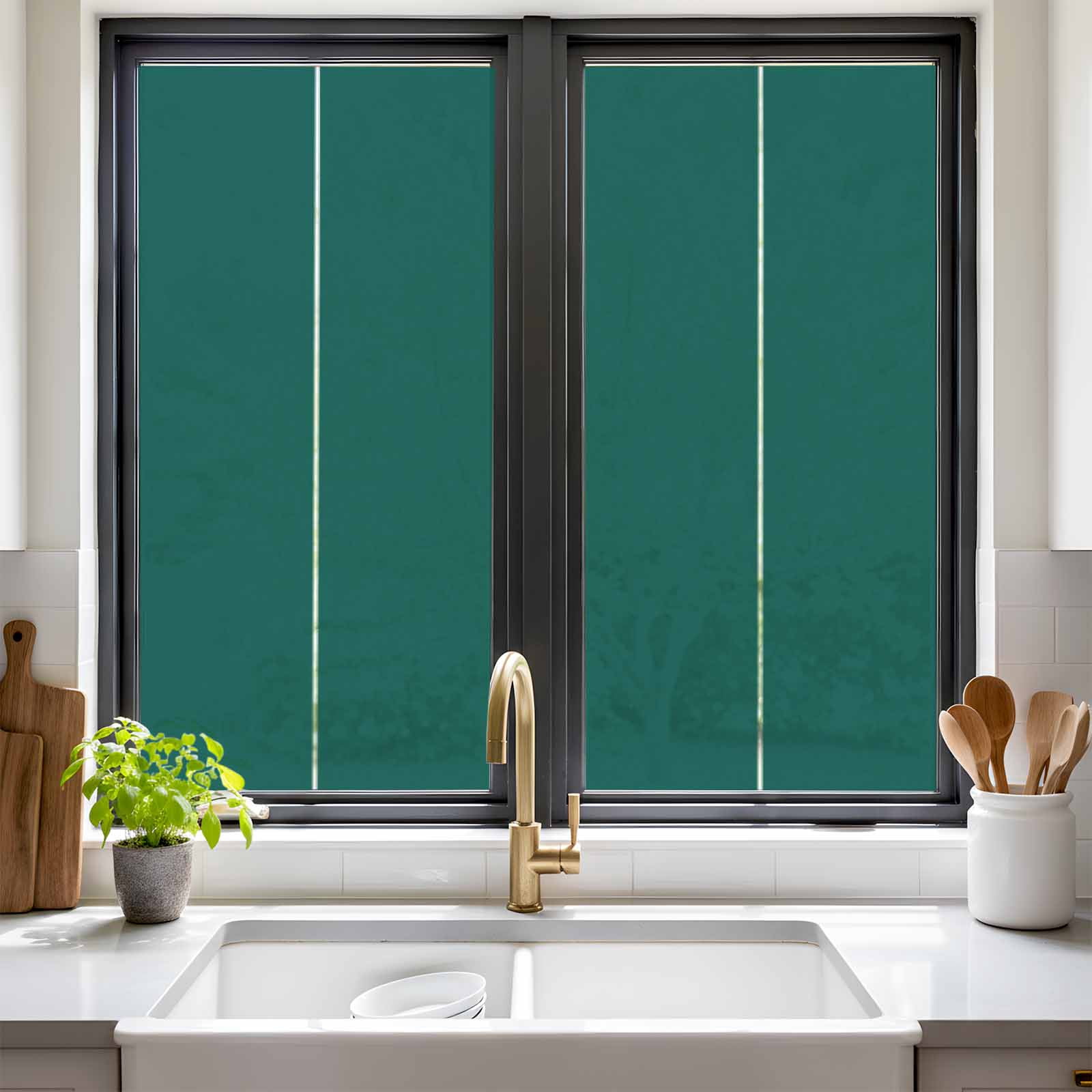 Static Cling Non Adhesive Window Film, Dark Green Window Privacy Film Frosted, Farmhouse Solid Green Color Modern Art Opaque Window Coverings for Small Windows, Home, 17.7 x 39.3 Inches