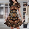thumbnail image 2 of Gold Floral Pattern On Blue Background Women's Classic Swing Skater Dress Casual Work Party Cocktail Dresses, 2 of 6