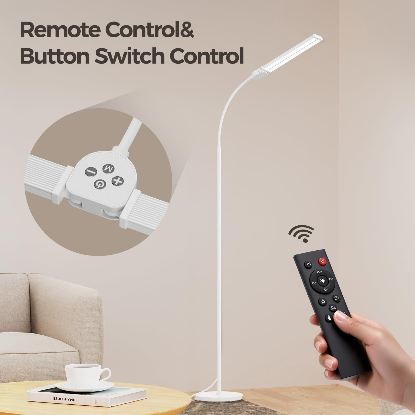 Led Floor Lamp For Living Room  Bright Reading Lamps Office Adjustable Colors Temperatures&brightness Dual Head Goose Neck Standing Remote And Button Control Eye-caring Tall White