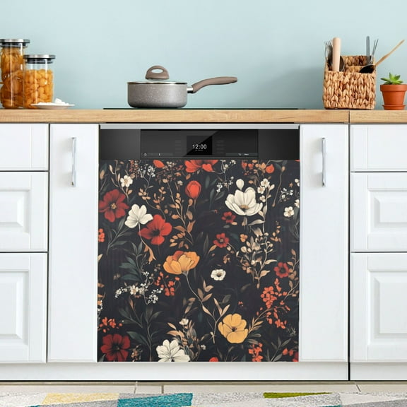Yayeee Magnetic Dishwasher Cover for The Front Decoration Home Kitchen Machine Sticker Protector, Black Floral Pattern