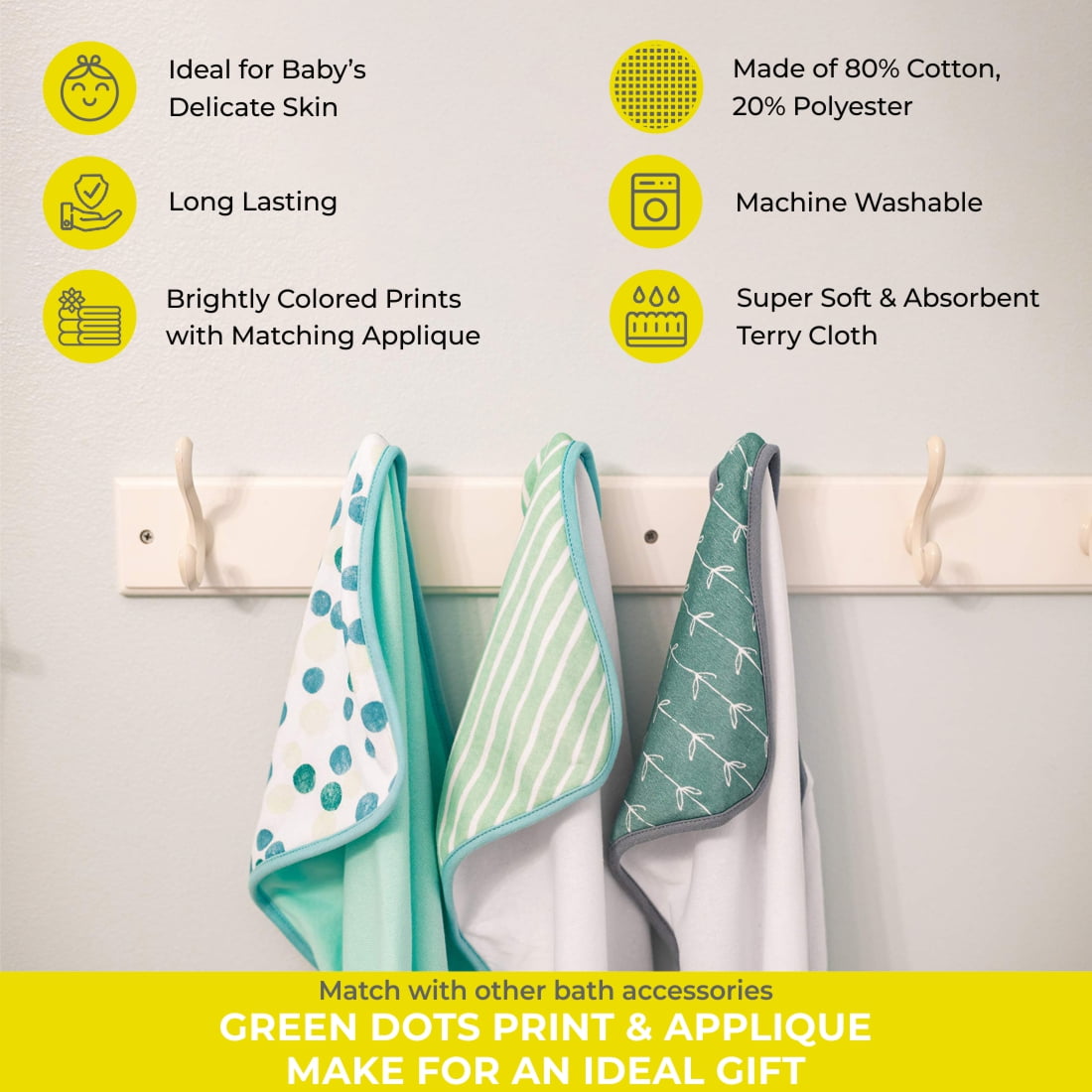 Spasilk Bath Hooded Towels & Washcloths Set for Babies, 23-Piece Gift Set, Green Dots
