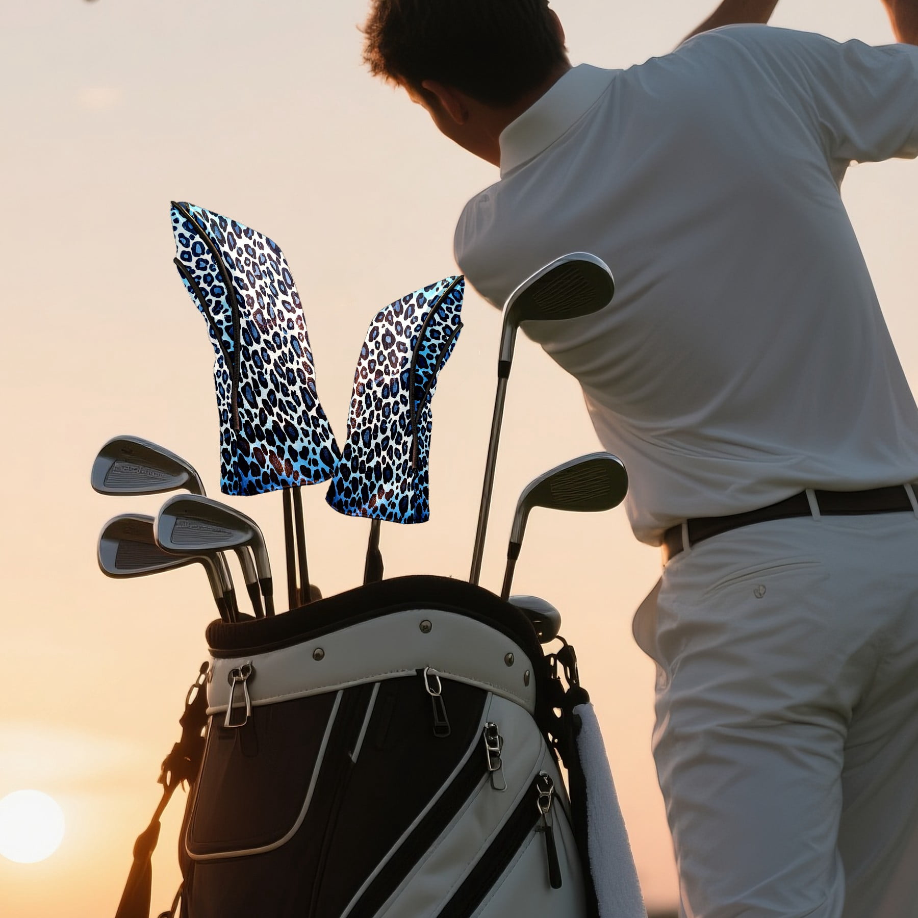 Golf Club Covers, Blue Leopard Print Premium PU Leather Driver Hybrid Putter Head Covers with Velvet Lining, Waterproof Golf Gifts for Men Women