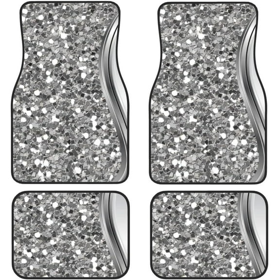 Silver Faux Glitter Glam Bling Car Front and Rear Floor Mats, Anti Slip Car Mats, Complete Set of 4 Carpets, All Weather Protection, Black