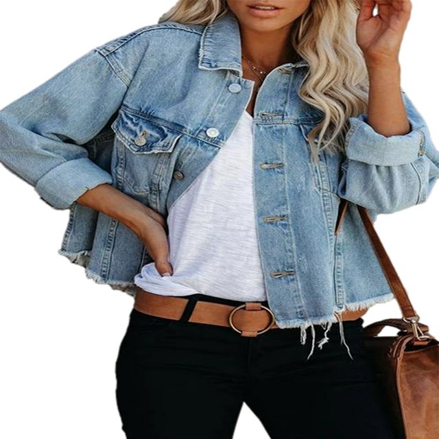 Aunavey Veste en Denim Camionneur en Jean Extensible à Manches Longues, Boutonnée, Basique pour Femmes