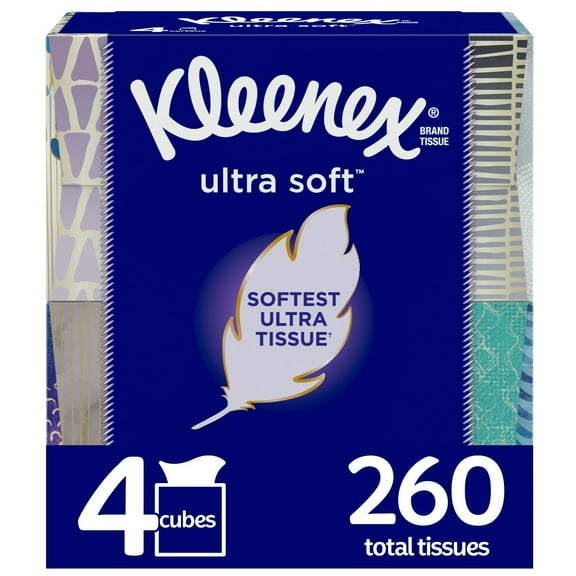 Kleenex Ultra Soft Facial Tissues, 4 Cube Boxes, 65 Tissues per Box (260 Tissues