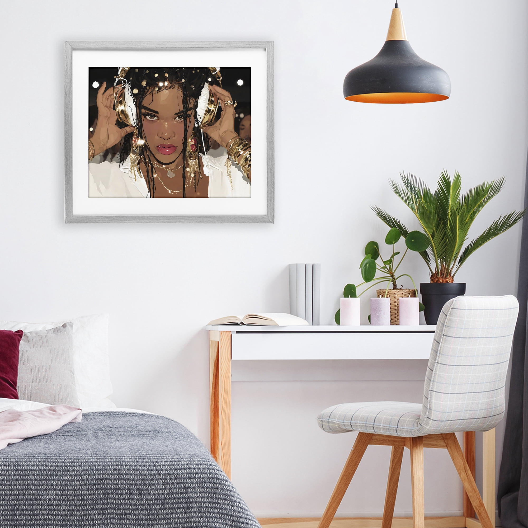 Stupell Industries Gold Headphones Glam Female Gray Framed Print Under Glass, design by Franklyn Gregory