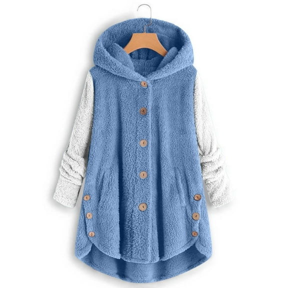 BLTIBY Fleece Jacket for Women 2024 Trendy Button Hooded Colorblocked Long Sleeve Sherpa Coat Fall Winter Plus Size Outwear with Pockets Blue XXL