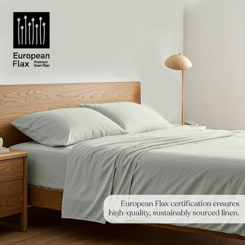 Delara 100% European Flax Linen Sheet Set, Twin, 3-Piece, 345 Thread Count, Ultra Soft, Breathable, Deep Pocket, Light Gray