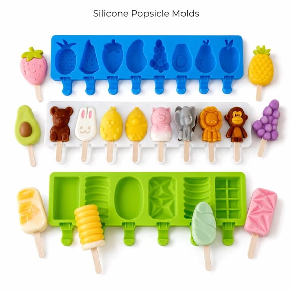JDH Silicone 3 Sets Silicone Popsicle Molds, Reusable BPA-Free Ice Pop Maker with Cute Animal & Fruit Shapes, 8 Cavities Each, Easy Release & Dishwasher Safe for Homemade Frozen Snacks