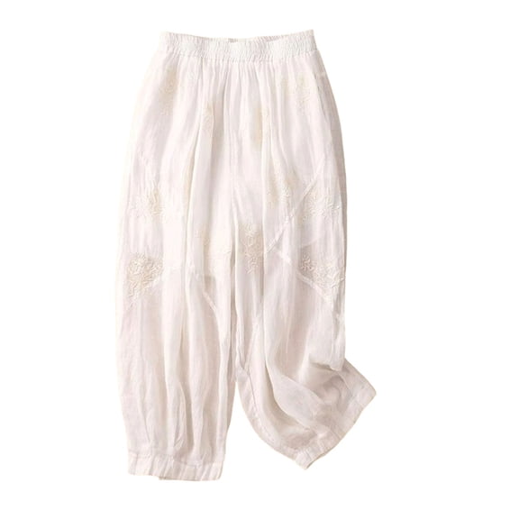 Lenpel Womens Cotton Linen Capri Pj Bottoms Trendy Floral Embroidered Elastic Waist Baggy Cropped Pajama Pants Lightweight Comfy Sleepwear Capris
